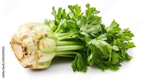 celery root with leaf isolated on white background. Celery isolated on white. 