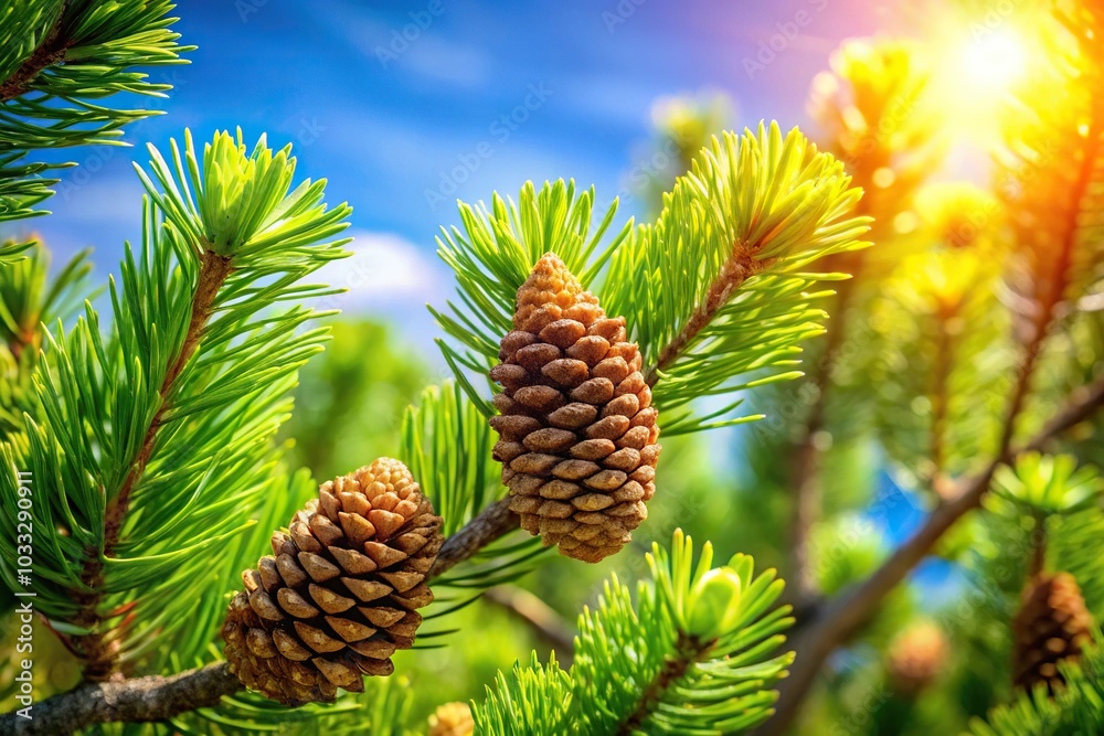 Pine branch with green and brown cones against sunny background Pine branch with green and brown cones against sunny background