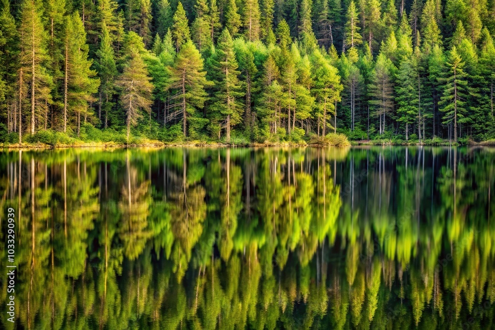Pine forest reflected on brown ground with green trees