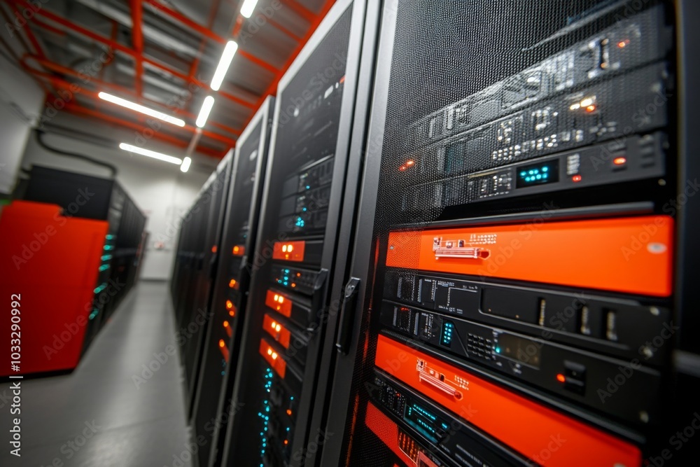 Rows of server racks in a data center The power of information at your fingertips Rows of server racks in a data center The power of information at your fingertips