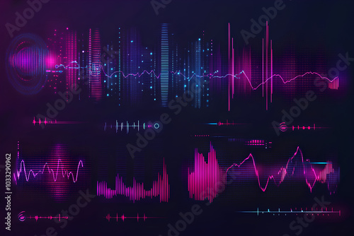 Sound waves equalizer collection in futuristic colors. Frequency audio waveform, music wave, circle bar, voice graph signal in HUD style. Set Audio waves. Microphone voice and sound recognition