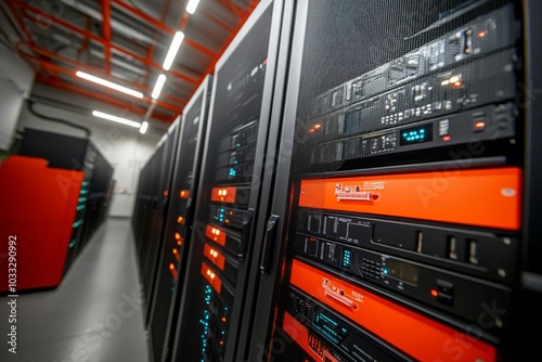 Rows of server racks in a data center The power of information at your fingertips