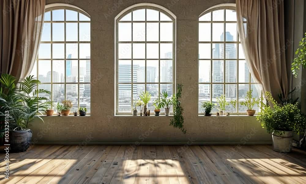 Bright, airy interior with large windows and plants, creating a serene atmosphere. Bright, airy interior with large windows and plants, creating a serene atmosphere.