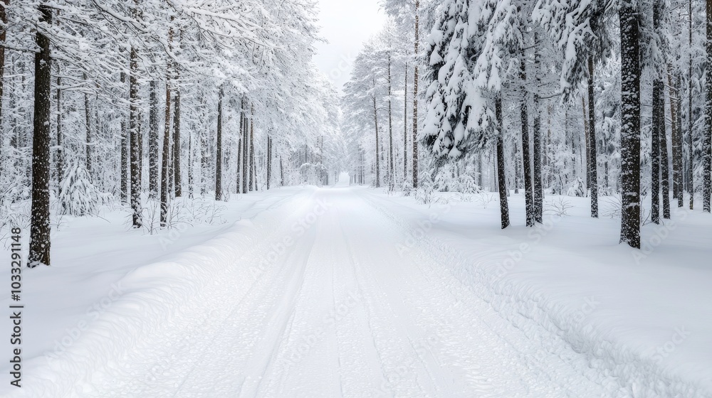 Tranquil Snowy Road Surrounded by Majestic Pine Trees in Untouched Winter Wonderland Scene Tranquil Snowy Road Surrounded by Majestic Pine Trees in Untouched Winter Wonderland Scene