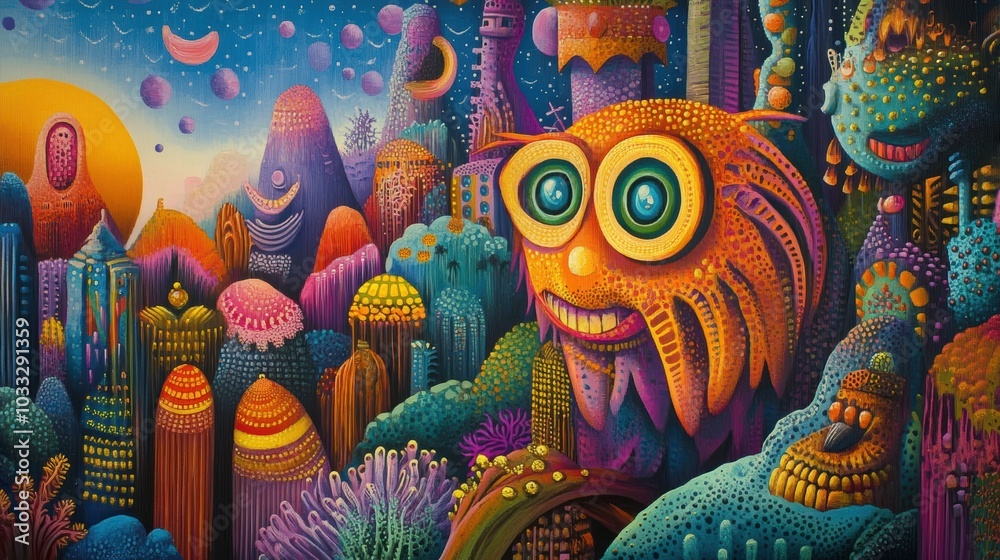 Abstract art with a colorful, whimsical landscape. Abstract art with a colorful, whimsical landscape.