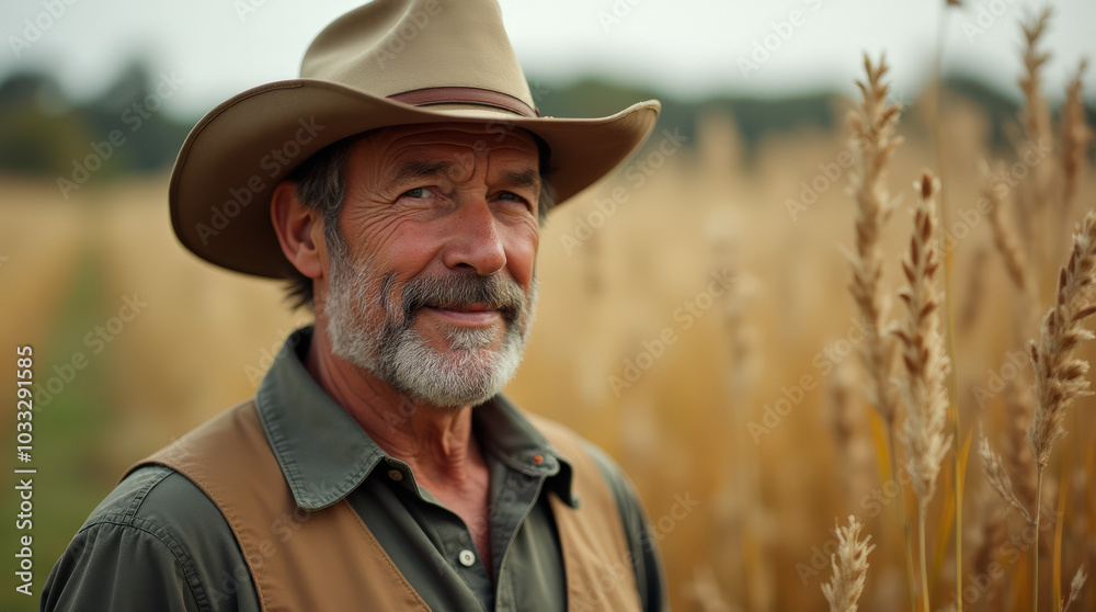 Portrait of Happy Farmer in Field at Sunset – Smiling Agricultural Workers in Scenic Farmland Portrait of Happy Farmer in Field at Sunset – Smiling Agricultural Workers in Scenic Farmland