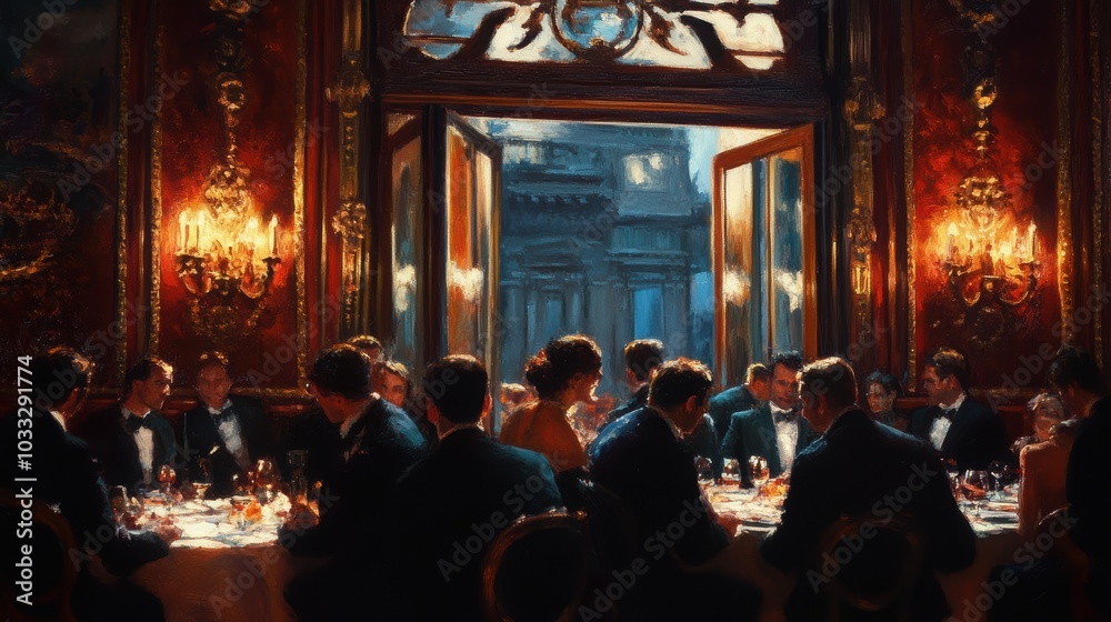 People dine in a dimly lit room with a view. People dine in a dimly lit room with a view.