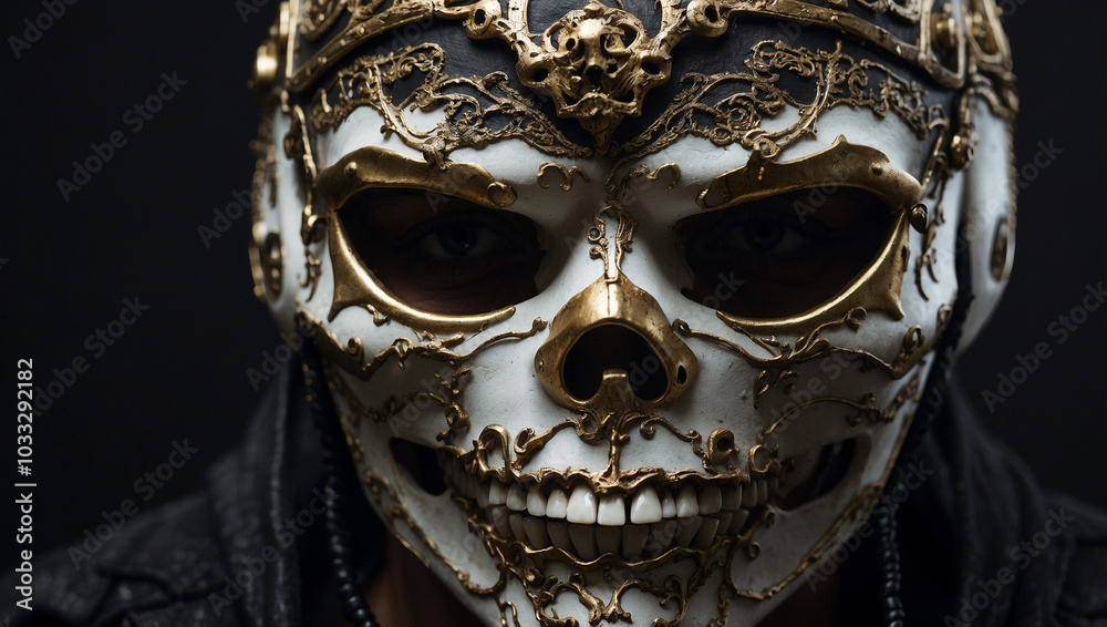A closeup shot of a person wearing a skull mask A closeup shot of a person wearing a skull mask