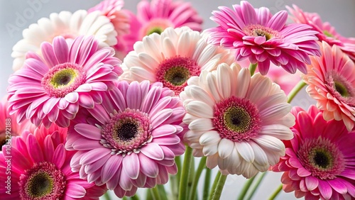 Pink and white Gerbera flowers on clear background in wide-angle shot