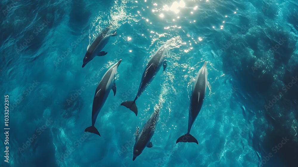 Naklejka premium Group of dolphins swimming beneath the surface, seen from above through crystal-clear water, showcasing synchronized movements and vibrant ocean life