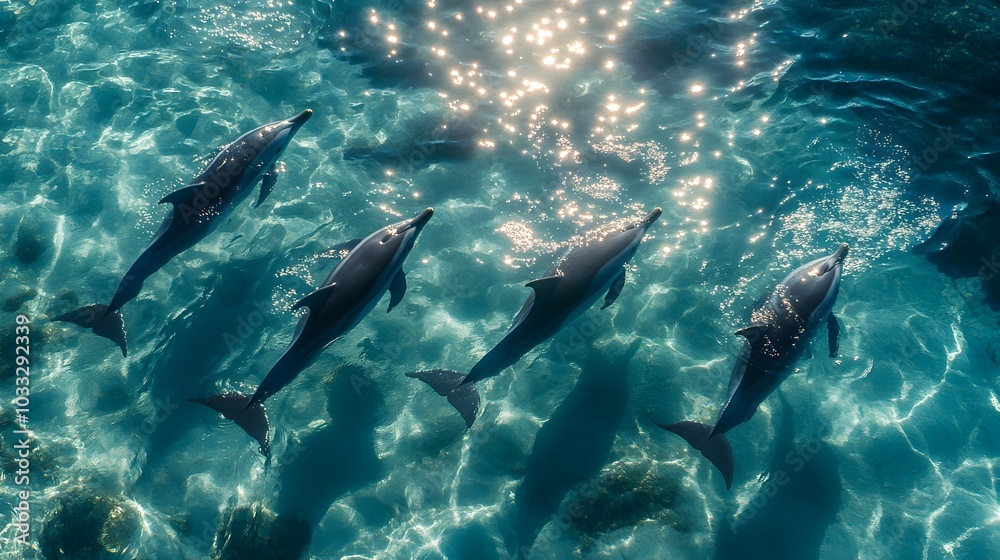 Group of dolphins swimming beneath the surface, seen from above through crystal-clear water, showcasing synchronized movements and vibrant ocean life Group of dolphins swimming beneath the surface, seen from above through crystal-clear water, showcasing synchronized movements and vibrant ocean life