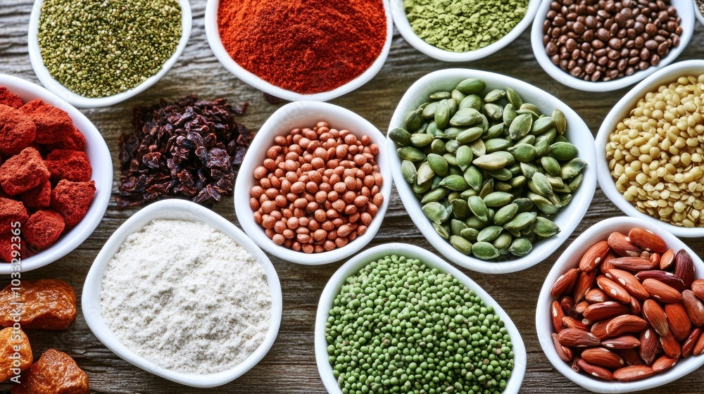 Various Seeds and Spices in White Bowls on a Wooden Surface Various Seeds and Spices in White Bowls on a Wooden Surface