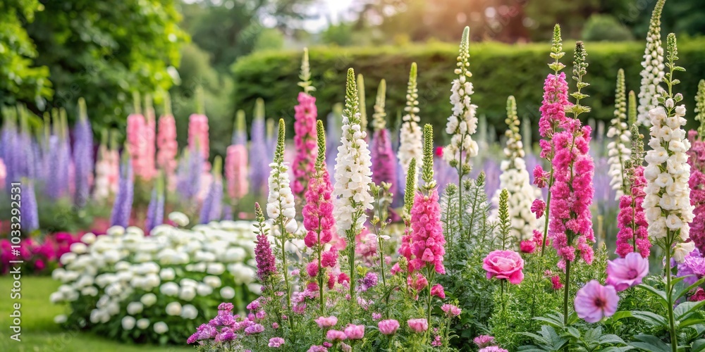 Obraz premium Pink and white verbascum flowers blooming in summer garden by roses and salvia Perennial plants grow on flowerbed Wide-Angle