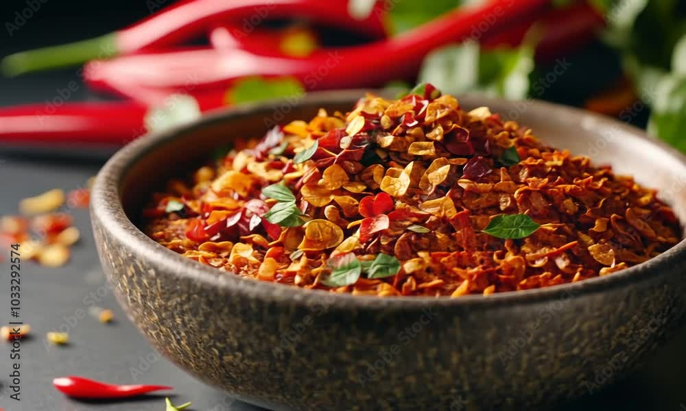 A bowl of chili flakes with herbs, showcasing vibrant colors and textures for culinary use. A bowl of chili flakes with herbs, showcasing vibrant colors and textures for culinary use.