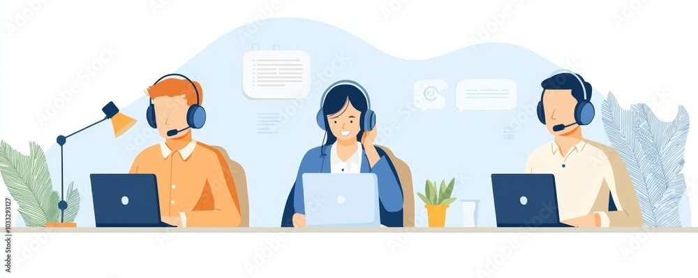 Diverse Call Center Employees Providing Customer Service, Representing Labor Conditions in Modern Workforce Diverse Call Center Employees Providing Customer Service, Representing Labor Conditions in Modern Workforce