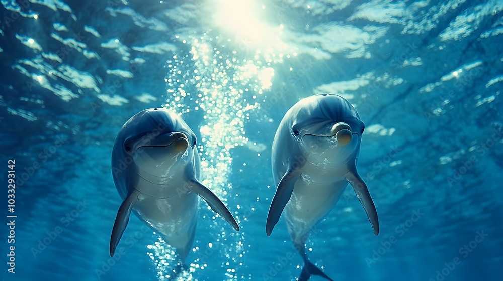 Obraz premium High-definition underwater view of dolphins spinning and flipping in the bright blue ocean, bubbles and sunlight enhancing their joyful energy