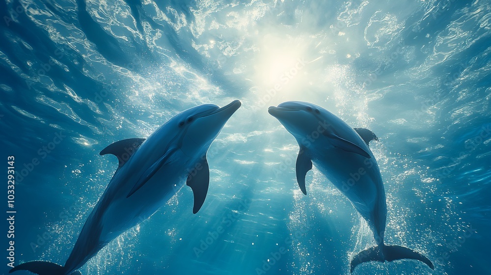 Naklejka premium High-definition underwater view of dolphins spinning and flipping in the bright blue ocean, bubbles and sunlight enhancing their joyful energy