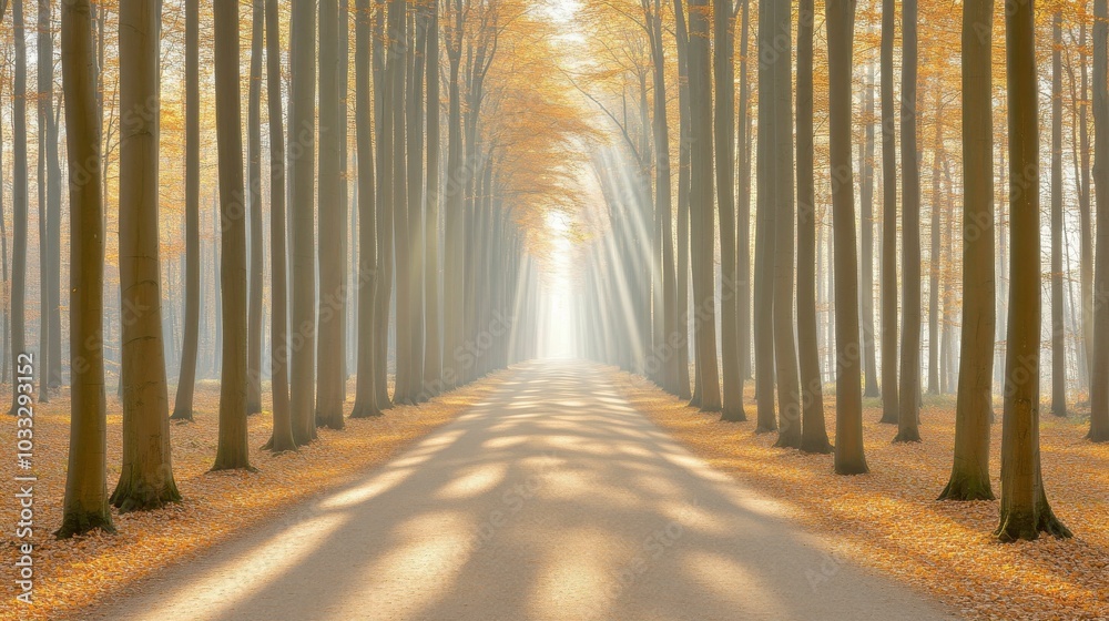 A sunlit forest path with tall trees and soft autumn leaves on the ground, bathed in golden light, creating a serene and magical atmosphere. A sunlit forest path with tall trees and soft autumn leaves on the ground, bathed in golden light, creating a serene and magical atmosphere.