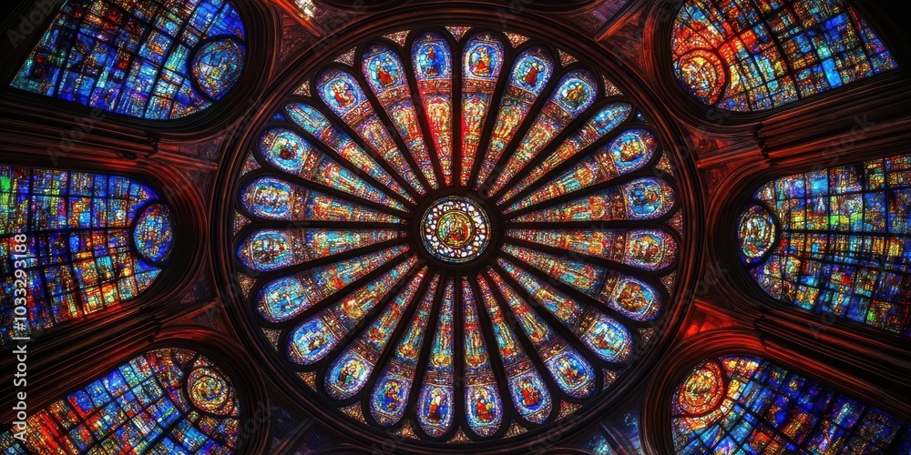 Stained glass ceiling, intricate design, colorful. Stained glass ceiling, intricate design, colorful.