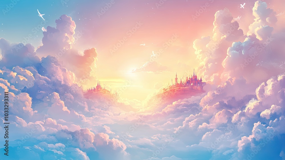 Two Majestic Castles in the Sky Surrounded by Fluffy Clouds Two Majestic Castles in the Sky Surrounded by Fluffy Clouds