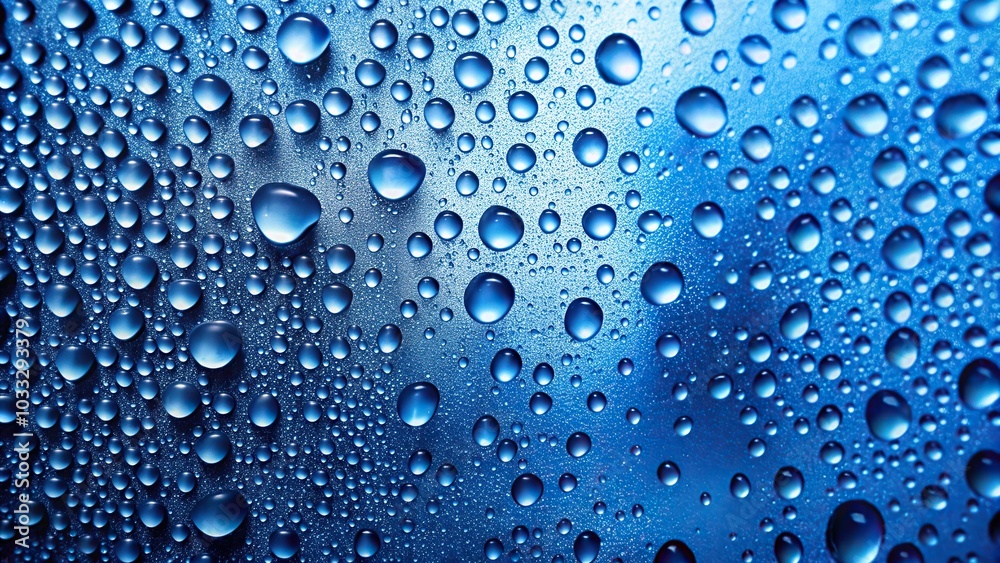 Blurred abstract blue background with water droplets on tilted glass Blurred abstract blue background with water droplets on tilted glass