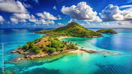 Photograph of a tropical island in the Caribbean with a forced perspective