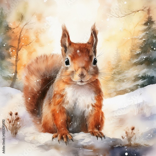 Aquarell watercolor Eichhörnchen im Winterwald