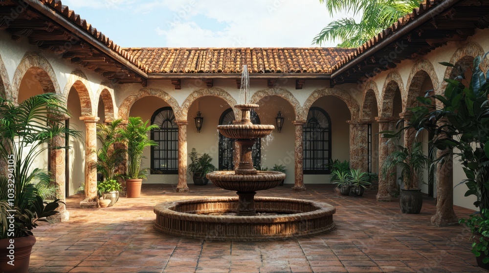 Obraz premium Serene courtyard with a central fountain and lush greenery
