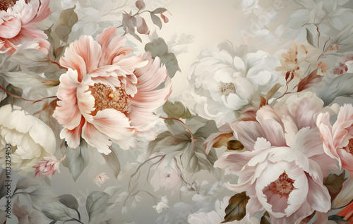 Wall hanging flowers, floral wallpaper, picture frames, abstract patterns