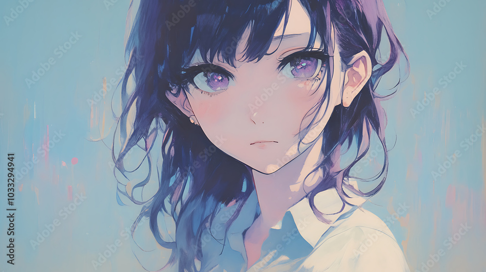A delicate anime-style portrait of a high school girl with soft purple hair and large expressive eyes A delicate anime-style portrait of a high school girl with soft purple hair and large expressive eyes