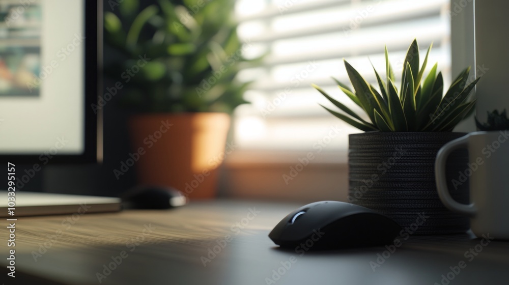 Fototapeta premium Minimalist Home Office Desk Setup with Plants and Natural Light