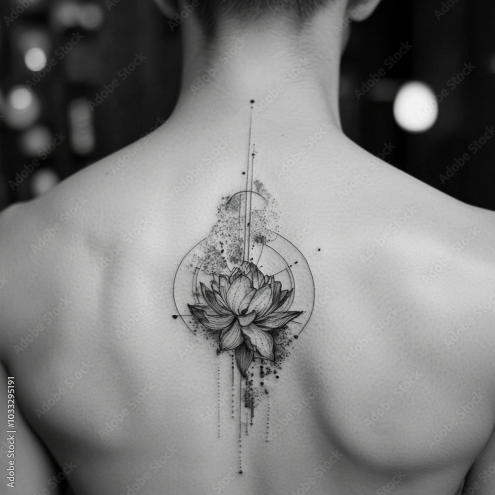 monochrome tattoo on man's back, visually depicting prioritizing oneself monochrome tattoo on man's back, visually depicting prioritizing oneself