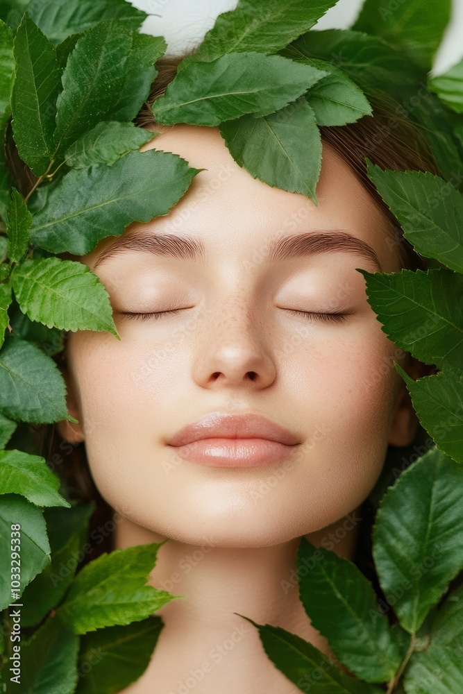 skin care concept, A beautiful woman surrounded by green leaves, with closed eyes skin care concept, A beautiful woman surrounded by green leaves, with closed eyes
