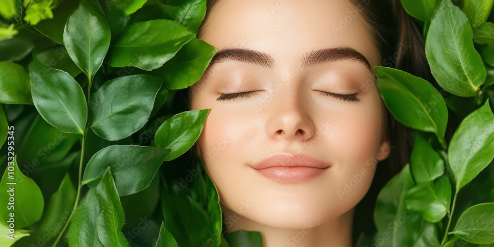 skin care concept, A beautiful woman surrounded by green leaves, with closed eyes skin care concept, A beautiful woman surrounded by green leaves, with closed eyes