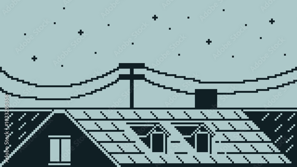 Pixel art view of a rooftop at night with stars, electric poles, cables ...
