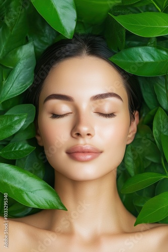 skin care concept, A beautiful woman surrounded by green leaves, with closed eyes