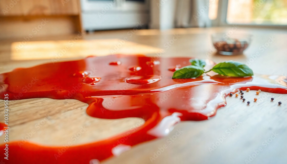Close-Up View of Vibrant Red Sauce on Wooden Kitchen Floor Close-Up View of Vibrant Red Sauce on Wooden Kitchen Floor