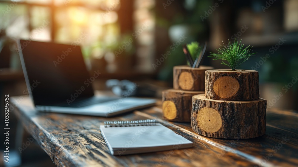 A cozy workspace featuring natural elements and a laptop. A cozy workspace featuring natural elements and a laptop.