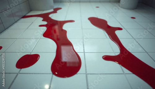 A detailed shot of blood pooling on a glossy bathroom tile floor, capturing reflections and texture, ideal for dramatic and intense themes