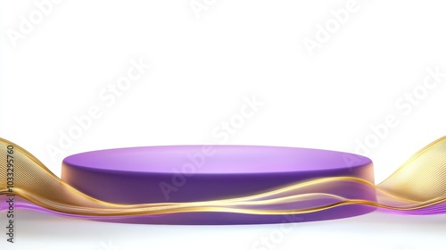 Abstract floating purple podium with glowing gold edges, surrounded by dynamic golden waves, futuristic and luxurious design for elite products