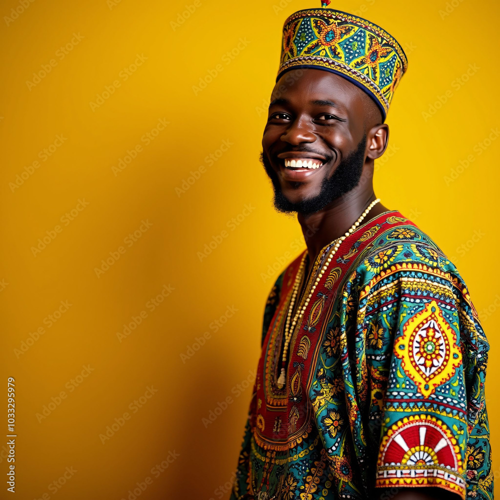 Obraz premium A man with dark skin dressed in traditional African attire, smiling warmly, showcasing cultural pride and joy