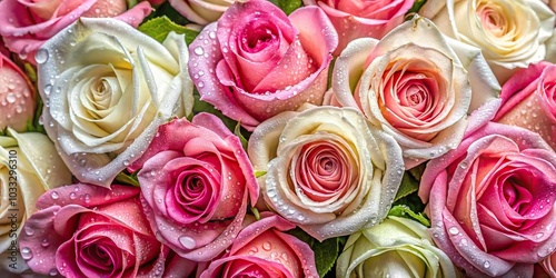 Fototapeta Naklejka Na Ścianę i Meble -  Pink and white roses with water droplets, aerial view