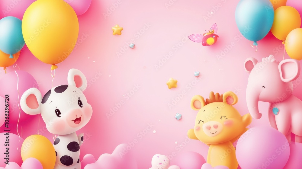 Cheerful cartoon animals with balloons in a colorful party theme background Cheerful cartoon animals with balloons in a colorful party theme background