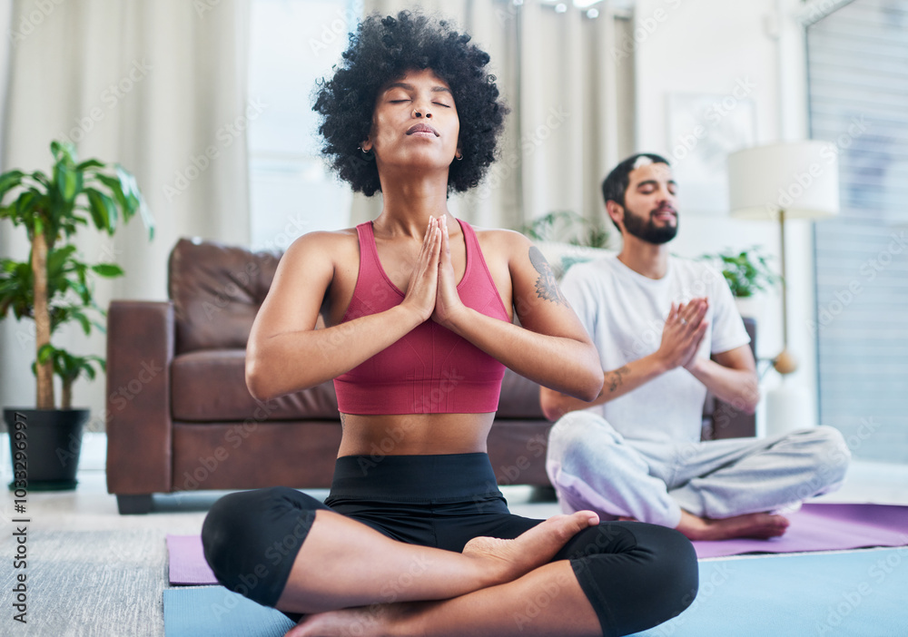 Obraz premium Namaste, yoga and woman in home for meditation, mindfulness exercise and prayer hands. Relax, interracial couple and breathing for peace, calm or spiritual wellness for body health, zen and fitness