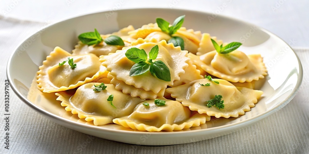 Photorealistic top view image of gourmet cream ravioli dish with shallow depth of field Photorealistic top view image of gourmet cream ravioli dish with shallow depth of field