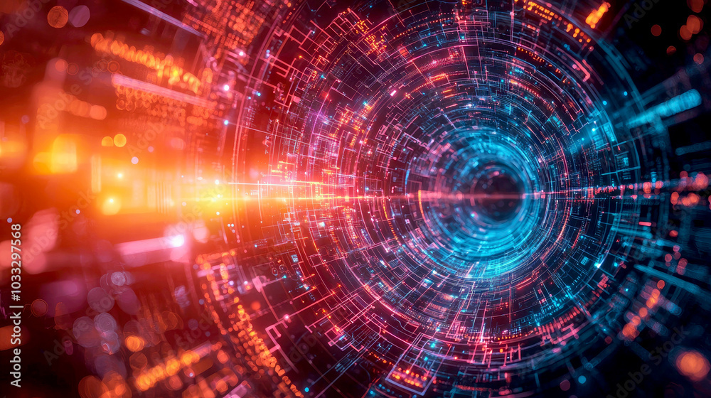 Abstract digital vortex with glowing lines and patterns, representing technology and data flow. Abstract digital vortex with glowing lines and patterns, representing technology and data flow.