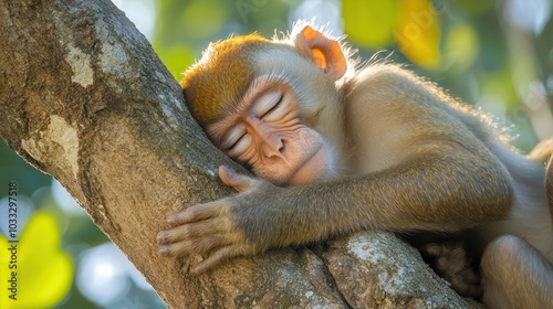 A young monkey sleeps peacefully, nestled against a tree trunk in a sun-dappled forest. photo