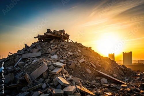 Pile of concrete rubble from demolished building ready to recycle for construction material silhouette