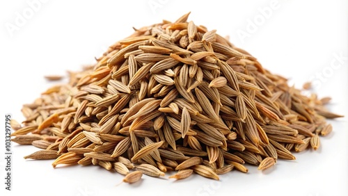 Pile of dried cumin seeds isolated on white background