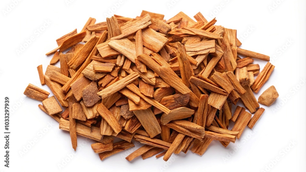pile of sandalwood chips isolated on white background from above point of view pile of sandalwood chips isolated on white background from above point of view